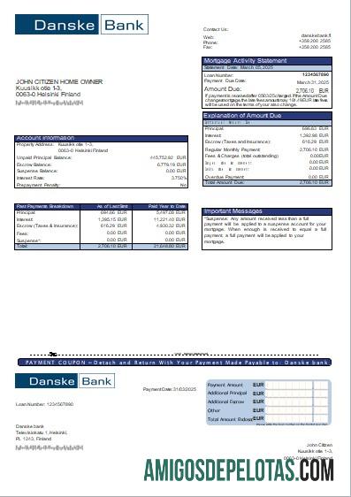 Declaração de hipoteca do Danske Bank da Finlândia Scr amostra